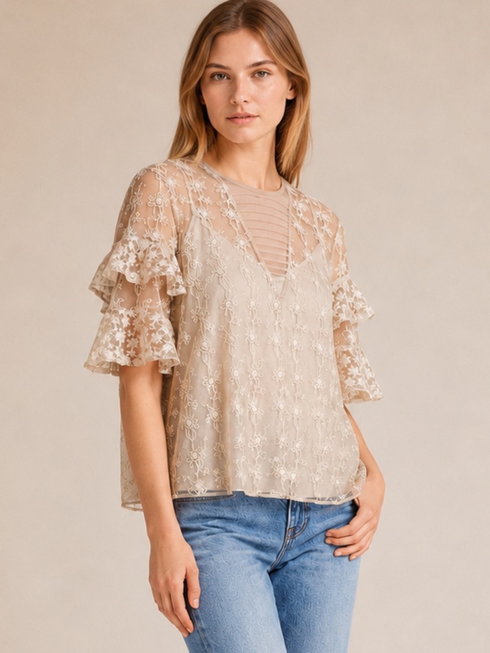 All Saints Top Women size 8 Blouse Ruffled Floral Embroidered Beige Sheer Shirt